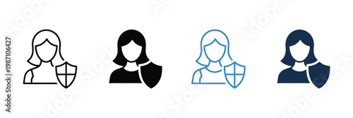 Female user with shield line and solid icon set, secure account privacy defense and data protection symbols, cybersecurity user safety concept vector illustration.