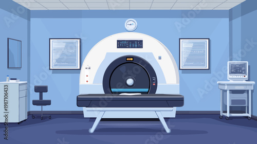 Pixelated illustration of a medical imaging room, with CT scanner, monitors, and art
