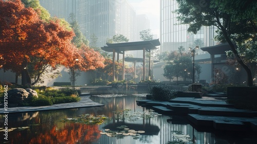 Serene Autumn Oasis in a Modern Metropolis