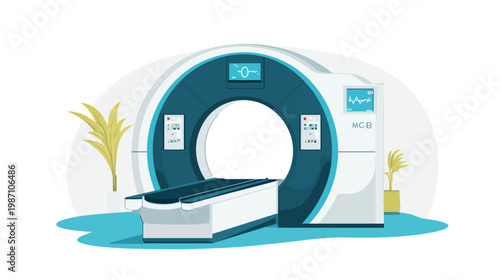 A stylized illustration featuring medical imaging equipment, with diagnostic instruments