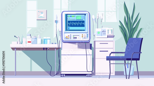 A medical illustration depicting a clean examination room. Includes equipment, table, chair, and plants