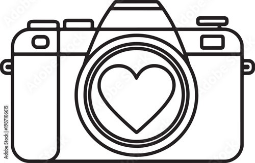 Camera icon with heart shape on lens simple line art vector design black on transparent background.