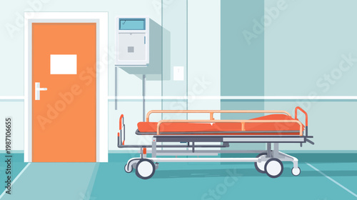 A medical illustration showcasing a hospital scene, including a stretcher, door, and wall decor