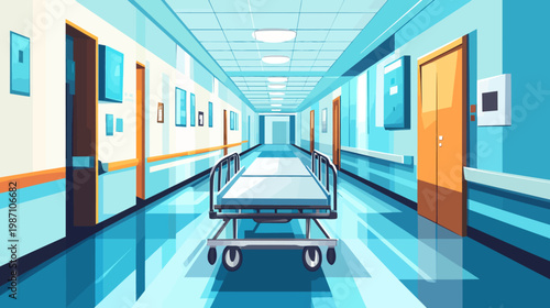 Digitally rendered hospital corridor perspective with a bed in the center, orange doors, and artwork on walls