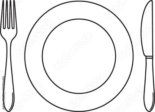 Dinner plate with fork and knife silverware setting icon for restaurant food and dining service vector design graphic.