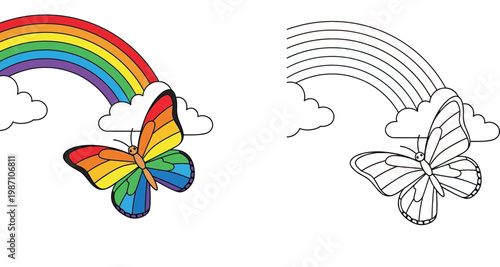 Rainbow Butterfly and Rainbow with Clouds Coloring Page for Kids, Colorful Nature Vector Illustration Set, Colored and Line Art