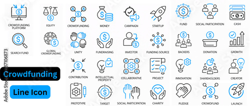 Crowdfunding line icon set. crowdfunding icon set. Goal Target, Donation Box, Crowdfunding, Backer Support, Campaign Win, Pledge Deal, Stretch Goal. 