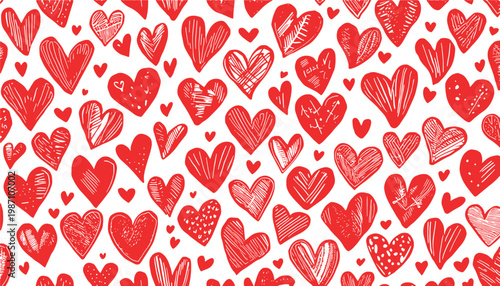 Red hand drawn heart shapes scattered Vector Illustration background.