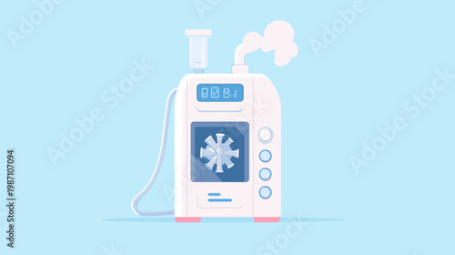 A white medical machine emits steam, with a fan and buttons, on a blue background