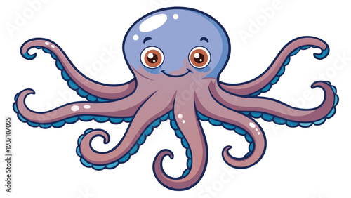 A cute cartoon octopus with big brown eyes smiling and sitting with its eight tentacles spread out in a playful and friendly manner against a plain white background