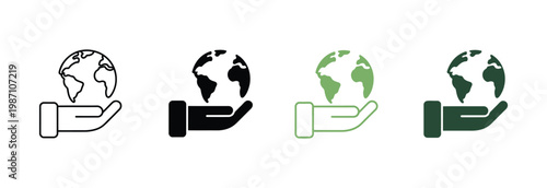 Hand hold planet earth line and silhouette icon set, environmental protection concept, global care ecology support and sustainability symbol design vector illustration.