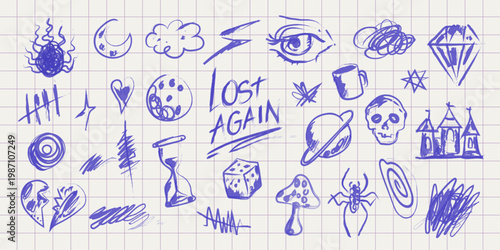 Scribble doodle elements for print and stickers. Hand drawn emotional chaos illustration with expressive sketch symbols and abstract thoughts. Blue ball pen style grunge freehand drawings.