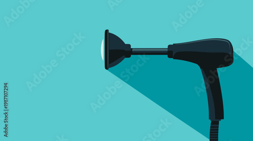 A simple, black vector illustration of a hair dryer, with a shadow on a light blue background