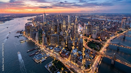 A breathtaking aerial view of a modern city skyline at sunset, with illuminated skyscrapers, a winding river, busy bridges, and glowing streets showcasing vibrant urban life and architecture.