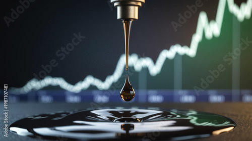 Oil drop falling from nozzle with rising price chart in background, Concept of energy market, oil price increase and economic growth