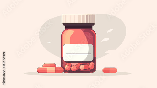 Cartoon style illustration depicts a bottle of pills with capsules scattered around.  Neutral background
