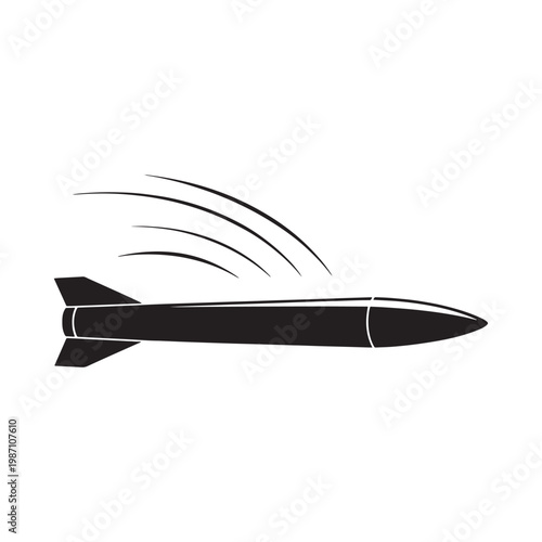 A black silhouette of a missile in mid flight with speed lines