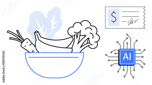 Technology in food management, AI applications, pricing systems, digital solutions, healthy eating, agricultural supply chain. Bowl of produce, receipt AI chip. Technology in food management and AI