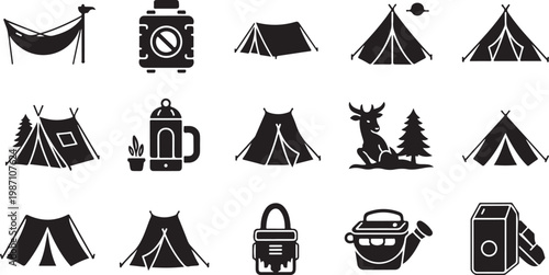 Camping icons and symbols in black and white