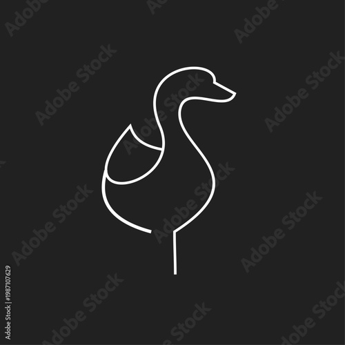 Minimalist White Line Art Illustration of an Elegant Swan or Goose on a Black Background