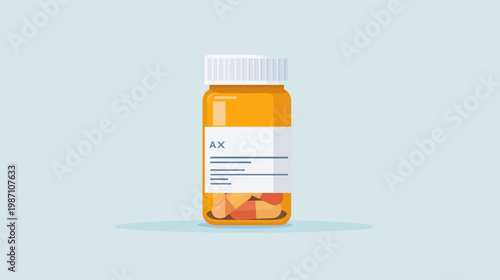 A cartoon illustration of an orange prescription pill bottle with a white label and cap on light blue
