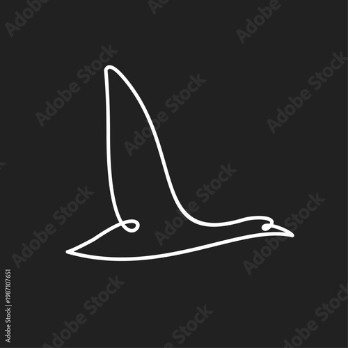 Minimalist Continuous Line Art of a Flying Bird. Elegant White Contour on Dark Background.