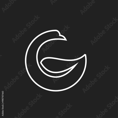 Minimalist White Line Art Bird Logo Design on Black Background - Abstract Swan or Goose Icon