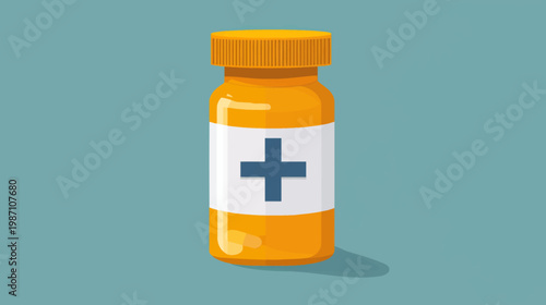 A cartoon illustration featuring a medicine bottle with a blue cross symbol on a white label