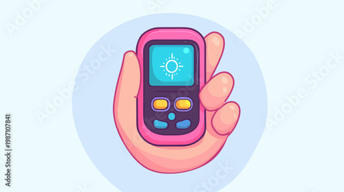 A hand holding a pink device with buttons, displaying the sun symbol. The background has a blue circle