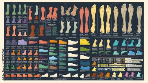 A detailed illustrated scientific poster depicting various foot structures, formations, and shapes