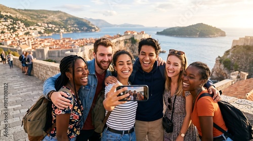 A group of young friends taking a cheerful selfie at a scenic coastal viewpoint, enjoying travel, friendship, and sunny weather with colorful buildings and the sea in the background.