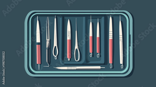 Flat illustration of surgical instruments arranged inside a tray against a teal background