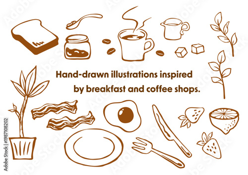 朝食やカフェをイメージしたシンプルな手描きイラストセット