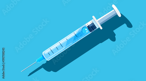A stylized illustration of a medical syringe with blue liquid and shadow on a plain blue background