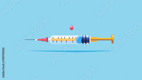 A stylized illustration of a syringe with a drop of liquid against a light blue backdrop