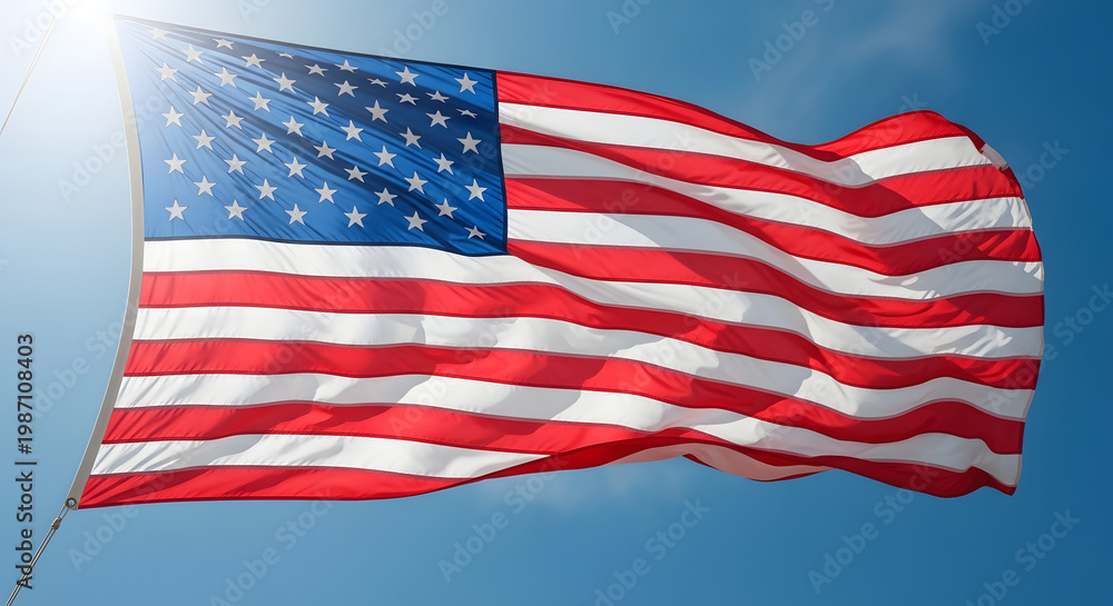 Obraz premium Waving american flag against a bright blue sky symbol of freedom and patriotism