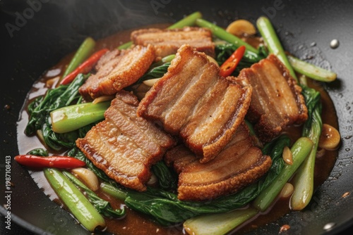 Crispy Pork Belly Stir-Fry With Bok Choy, Garlic And Chili In Savory Sauce