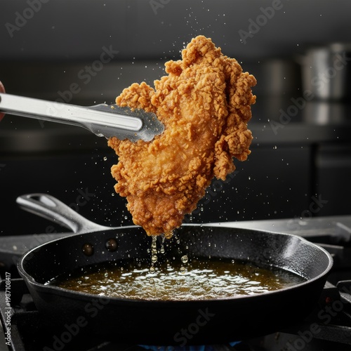 Crispy Fried Chicken Breast Lifted With Tongs Over Hot Oil in Cast Iron Skillet
