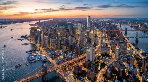 A breathtaking aerial view of a modern city skyline at sunset, with illuminated skyscrapers, a winding river, busy bridges, and glowing streets showcasing vibrant urban life and architecture.