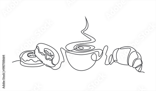 Continuous one line drawing coffee, croissant, donut, hot drink cup. Tea ceremony, tea pastries. Baking shop Logo concept. Hand drawn pastries by one line. Pastry line sketch. Fashionable trend vector