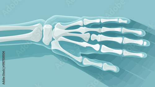 A stylized illustration depicting an anatomical view of a hand's skeletal structure in blue and white