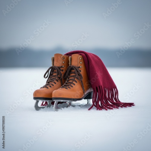 Photograph of a pair of tan leather ice skates with a red scarf draped over them, standing on snow in an icy landscape