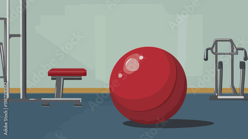 A cartoon gym scene with a large red exercise ball, workout equipment, and a bench