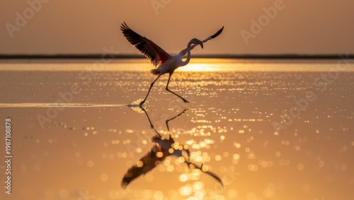 Photograph of a white egret with outstretched wings and a curved neck, standing on a reflective