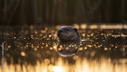 Photograph of an otter swimming in a reflective, golden-lit pond at sunset, with blurred, dark reeds in the background