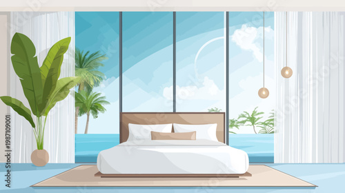 A modern bedroom overlooks a tropical beach scene, with large windows and lush greenery