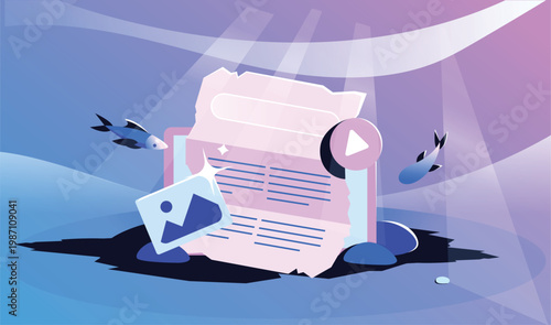 Abstract ocean themed user interface. Search box, multimedia icons, interactive play button. UI app design. Interactive media. Generative AI bar design. Artificial intelligence prompt search field.