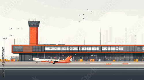A stylized illustration of an airport terminal with a plane on the tarmac and birds in flight
