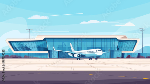 A stylized illustration featuring an airplane on the tarmac in front of a modern airport building