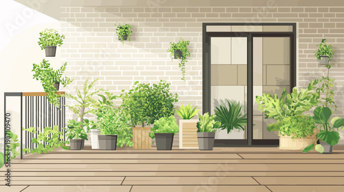 A scenic illustration of a balcony garden, featuring diverse potted plants against a brick wall